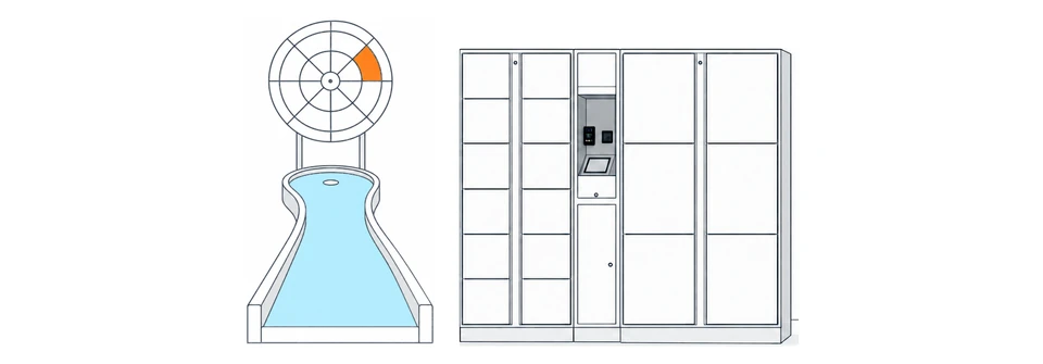 Illustration of 12-door and six-door lockers with a payment kiosk, beside mini-golf and darts.