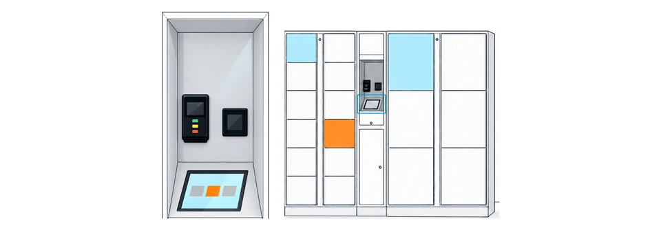 Illustration of custom lockers with blue and orange doors and an enlarged touchscreen detail.