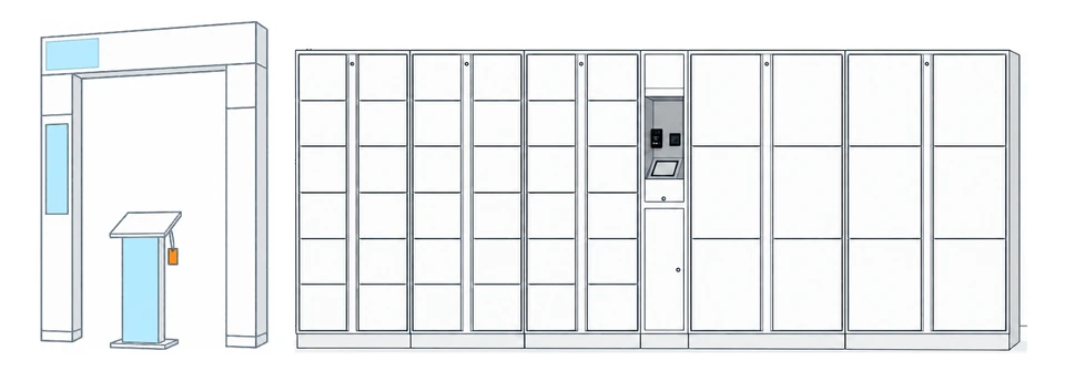 Illustration of self-service lockers beside an exhibition entrance.