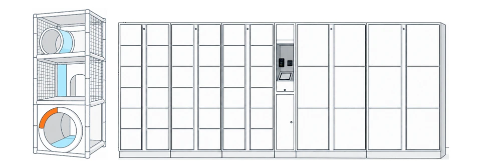 Illustration of self-service lockers beside an indoor soft-play structure.