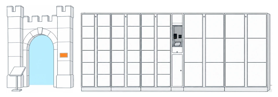 Illustration of self-service lockers beside a stone gatehouse.