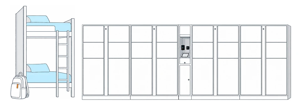 Illustration of luggage lockers with a payment kiosk beside a bunk bed and backpack.