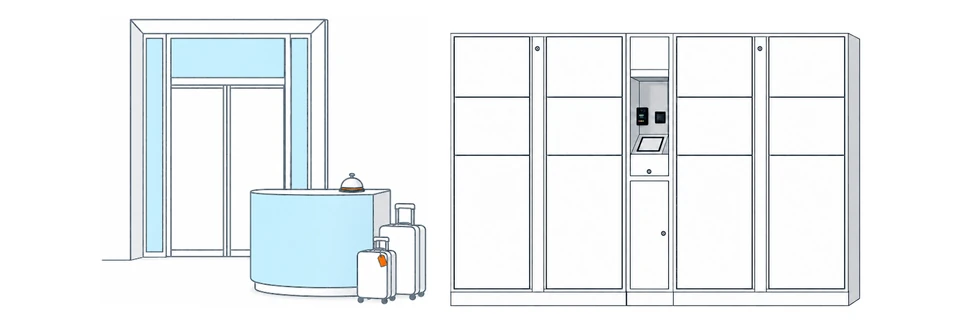 Illustration of luggage lockers with a payment kiosk beside a hotel reception and suitcases.