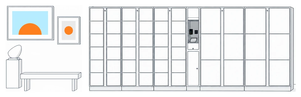 Illustration of self-service lockers beside framed artworks, a gallery bench and sculpture.