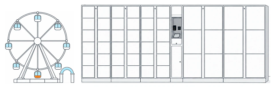 Illustration of self-service lockers beside a Ferris wheel.