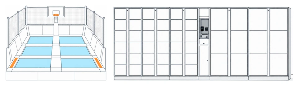 Illustration of self-service lockers beside an enclosed trampoline court with a basketball hoop.