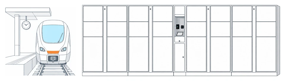 Illustration of luggage lockers beside a train at a station platform.