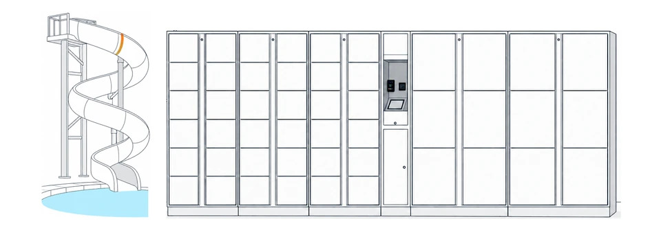 Illustration of self-service lockers beside a water slide.