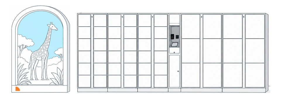 Illustration of self-service lockers beside a giraffe viewing area.